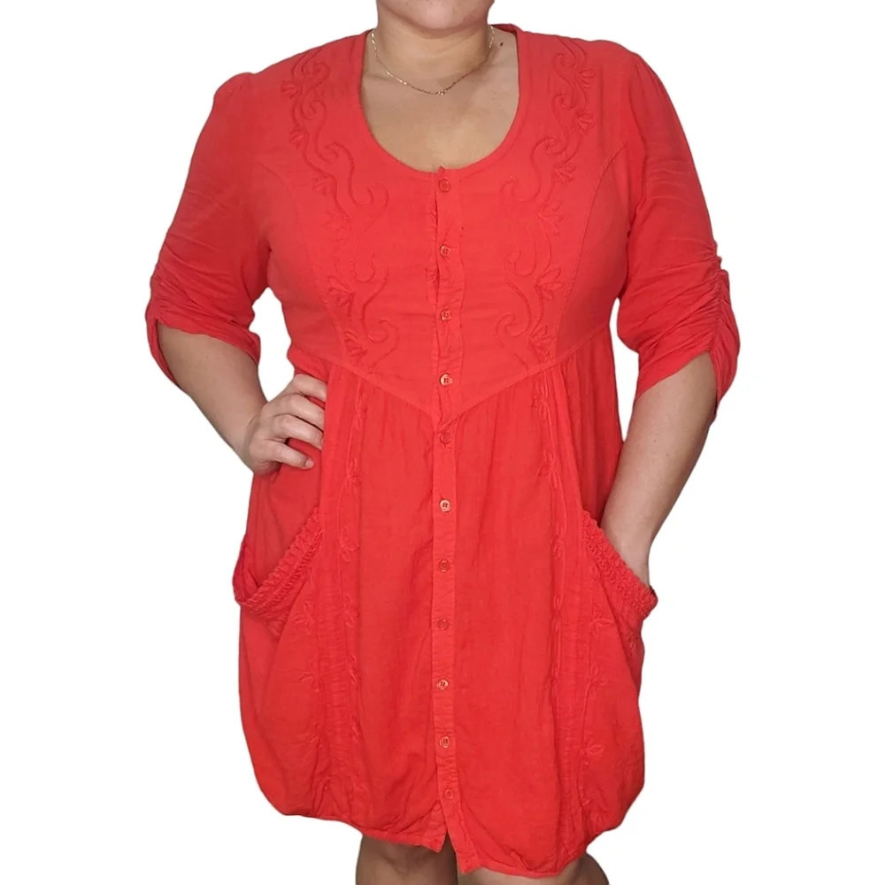 Gretty Fueger Boho Embroidered Crinkle Fire Red Dress Sz XL